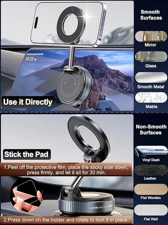 360° Vaccum Magnetic Phones Holder| Strong Suction Mount for Dashboard